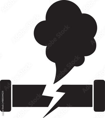 Gas leak accident icon with ruptured pipe and spreading cloud in bold silhouette vector style