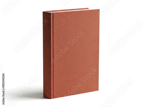 A standing red book with a subtle shadow on a plain surface viewed from the side angle.