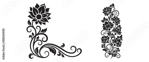 Decorative Floral Swirl Ornament and Floral Silhouette in Ornamental Vector Style