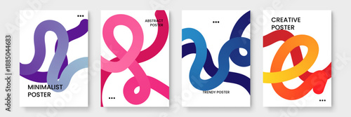Set of four aesthetic posters with looping ribbon shapes in cool blue and warm pink gradient tones