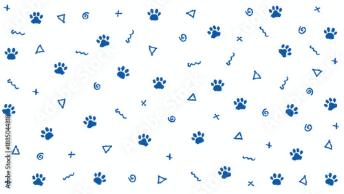 Seamless hand drawn blue paw print pattern with doodle geometric shapes on white background. Pet vector illustration