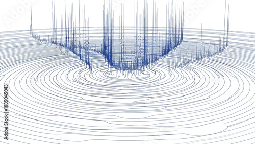 Abstract 3D wireframe landscape with concentric circles and vertical lines.