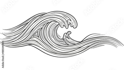 Simple black and white illustration of a large ocean wave.