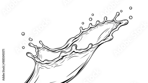 Black and white illustration of splashing water on white background.