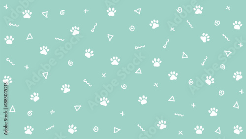 Seamless hand drawn white paw print pattern with doodle geometric shapes on mint green background. Cute pet animal vector