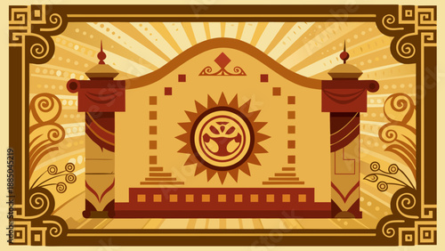 Ancient temple with radiant sun symbol at center Vector