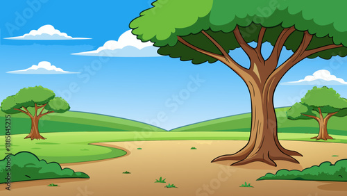 Serene landscape with lush green trees and rolling hills under a clear blue sky Vector