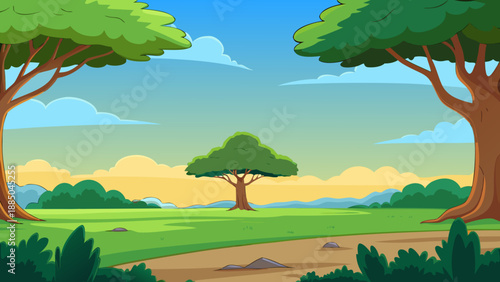 Serene forest trail under clear blue sky Vector