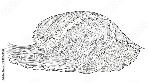Detailed black and white illustration of a crashing ocean wave.