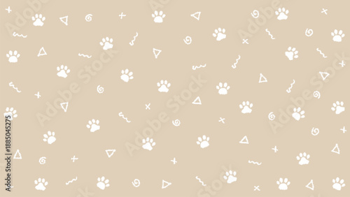 Seamless hand drawn white paw print pattern with doodle geometric shapes on beige background. Neutral pet animal vector