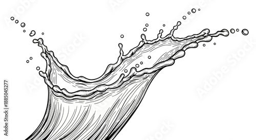 Black and white illustration of a dynamic water splash.