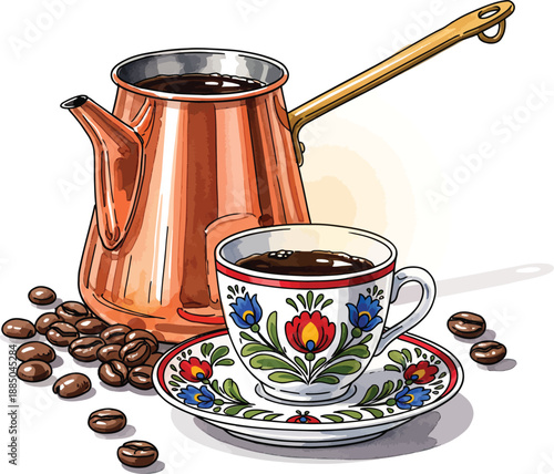Illustrated copper cezve coffee pot with a traditional floral patterned cup and scattered beans.