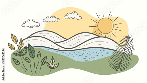 Serene mountain landscape with sun and river Vector