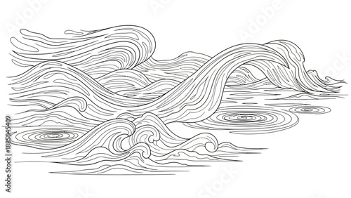 Black and white illustration of ocean waves.