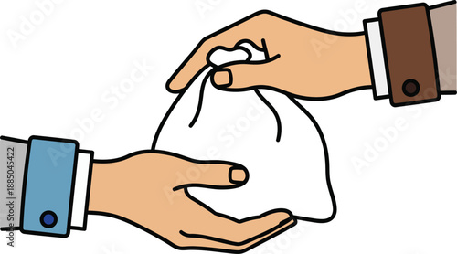 Illustrated hands in business attire exchanging a simple white tied money bag.