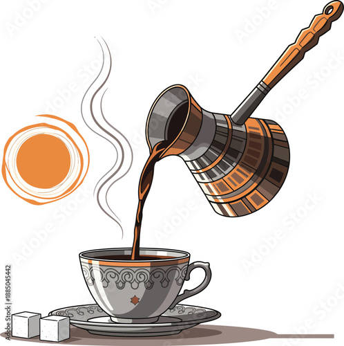 Illustrated scene of pouring steaming Turkish coffee from a metal cezve with a wooden handle into an ornate cup.