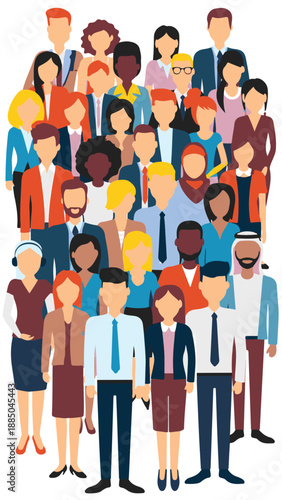  Multicultural Crowd of People. Group of different men and women. Young, adult and older peole. European, Asian, African and Arabian People. Empty faces. Vector illustration. 