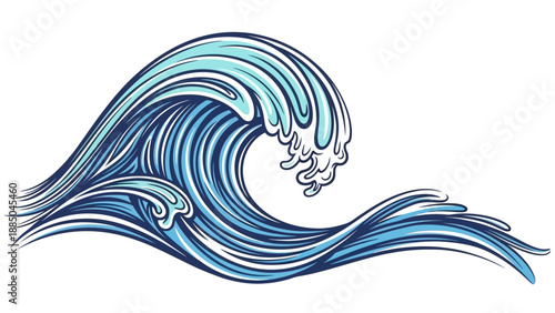 Ocean wave illustration with blue and turquoise hues.
