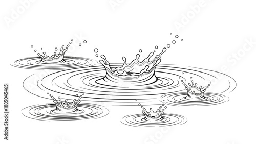 Black and white illustration of water droplets creating ripples.