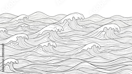Black and white line art illustration of ocean waves.