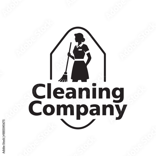 Professional Cleaning Company Logo with Maid Silhouette Broom and House Emblem.