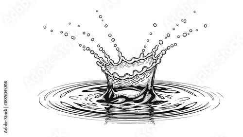 Black and white illustration of a water droplet creating ripples.