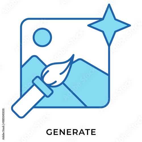 AI Generate Image Blue Lineal Icon – Magic Wand Creating Picture, Generative AI Symbol for App UI
