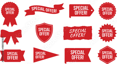 Red promotional label icon set with 12 bold shapes for marketing, discount, and special offer design content