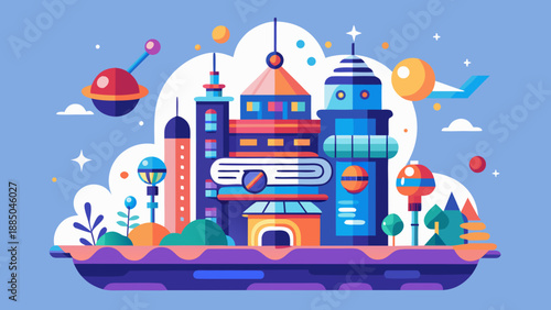 Futuristic cityscape with flying objects and planets Vector