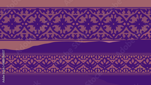 Intricate purple patterned landscape with silhouetted hills Vector