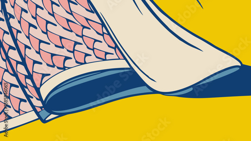 Illustrated close-up of a fish in a net against a yellow background Vector