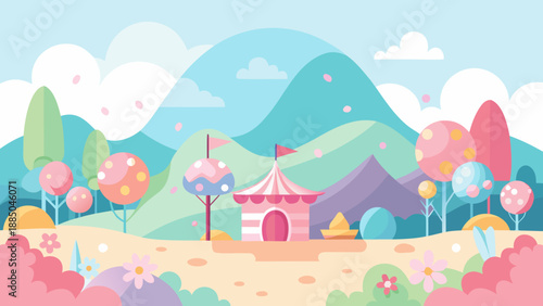Whimsical mountain landscape with colorful circus tent Vector