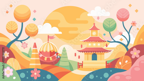 Vibrant japanese garden with cherry blossoms and traditional pagoda Vector