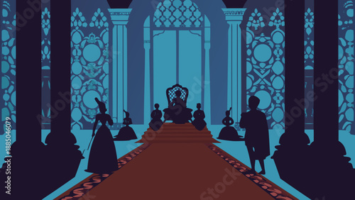Silhouetted figures in an ornate hallway Vector
