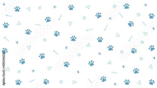 Blue cute paw prints seamless pattern with abstract doodle elements on white background