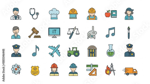 Collection of diverse profession icons representing various careers and jobs.