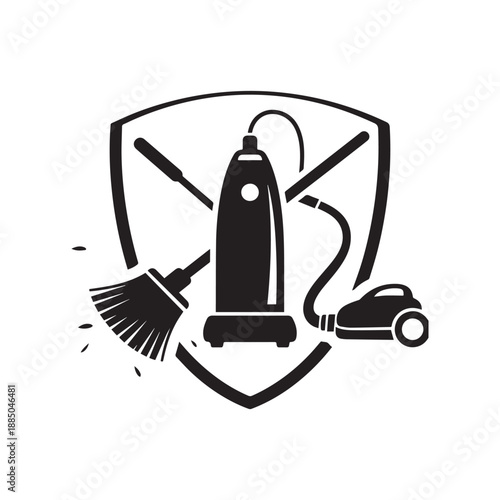 Professional Cleaning Service Shield Icon with Vacuum Broom and Equipment Silhouette. 