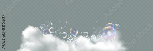 Bath foam with shampoo bubbles isolated on a transparent background. Vector shave, foam mousse with bubbles top view template for your advertising design.