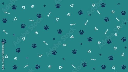 Dark blue pet paw prints seamless pattern with white abstract doodles on teal background