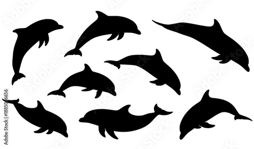 Set of Dolphin Silhouettes in Dynamic Swimming Poses Vector Illustration