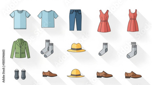 Collection of casual clothing and footwear items.