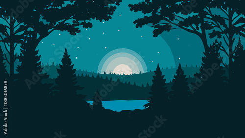 Serene nighttime forest lake under the moon Vector