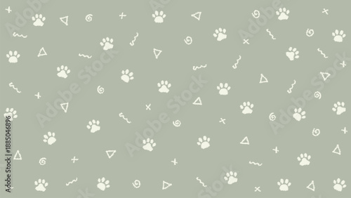Sage green seamless pattern with cream paw prints and abstract hand drawn doodle elements for nursery decor