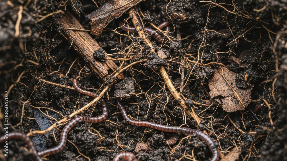 Fototapeta premium A close-up view of earthworms and various organic debris in soil