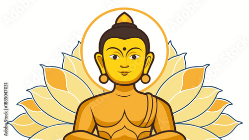 Serene buddha statue surrounded by radiant lotus flowers Vector