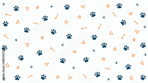Dark blue and orange paw prints seamless pattern with hand drawn doodle elements on white background