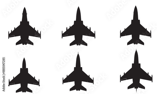 Collection of six black silhouettes of fighter jets from a top-down perspective.