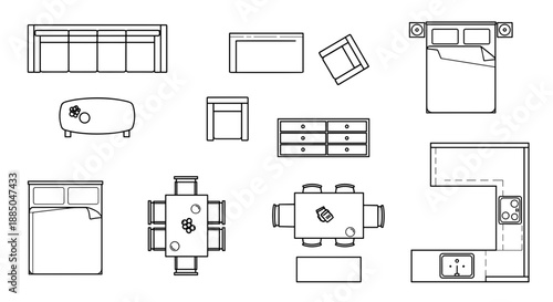 Collection of Various Room Floor Plans and Furniture Outlines.