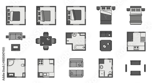 Collection of various black and white floor plans and room layouts.