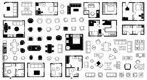 Collection of various black and white floor plans and layouts.